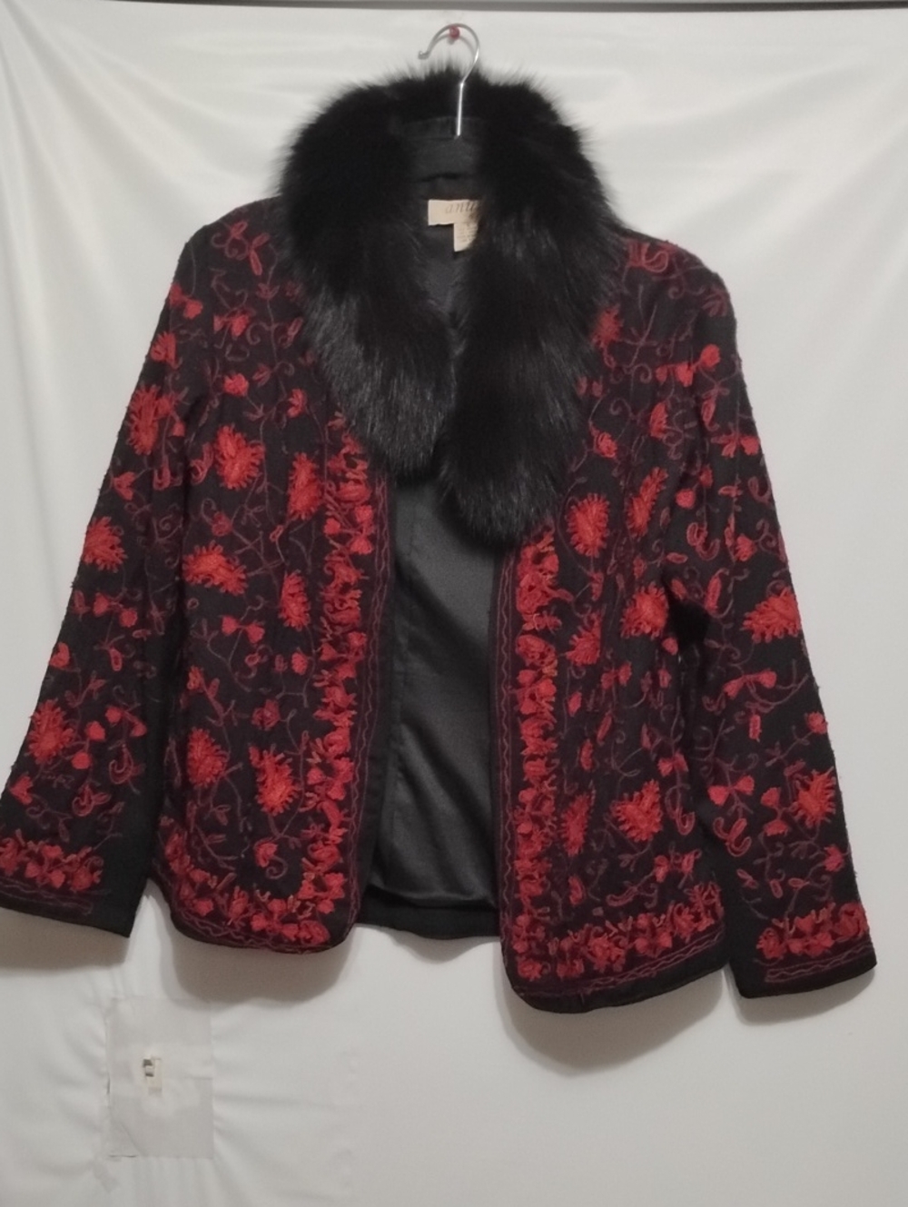 ANU Wool Bohemian Art To Wear  Embroidered Jacket with Removable Faux Fur Collar